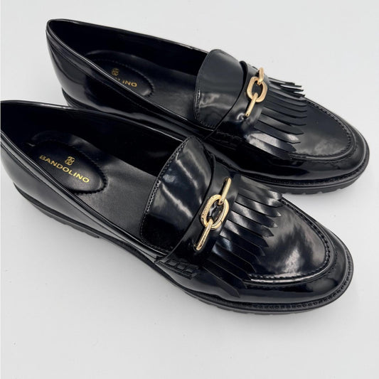 Bandolino Glossy Black Loafers with Gold Chain