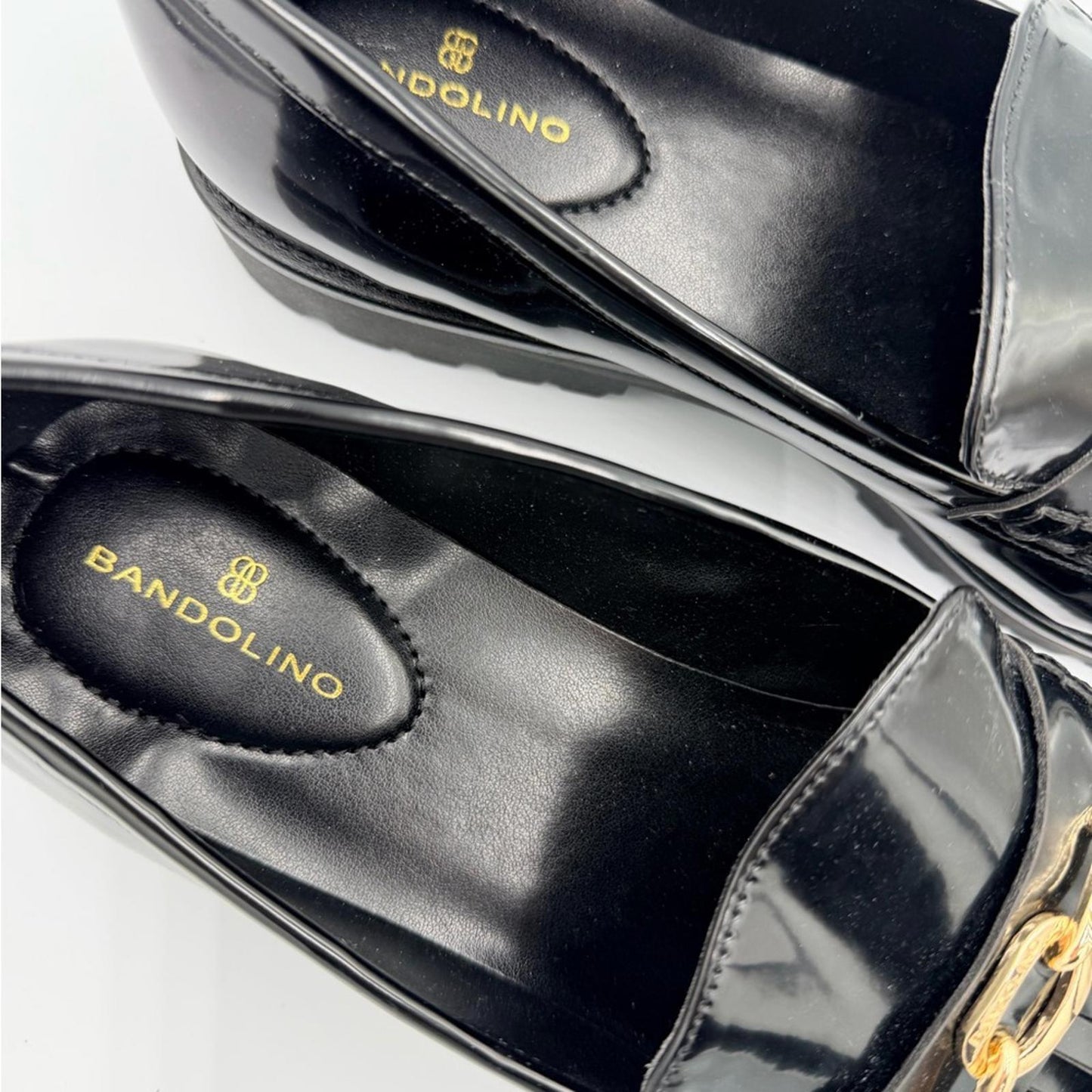 Bandolino Glossy Black Loafers with Gold Chain