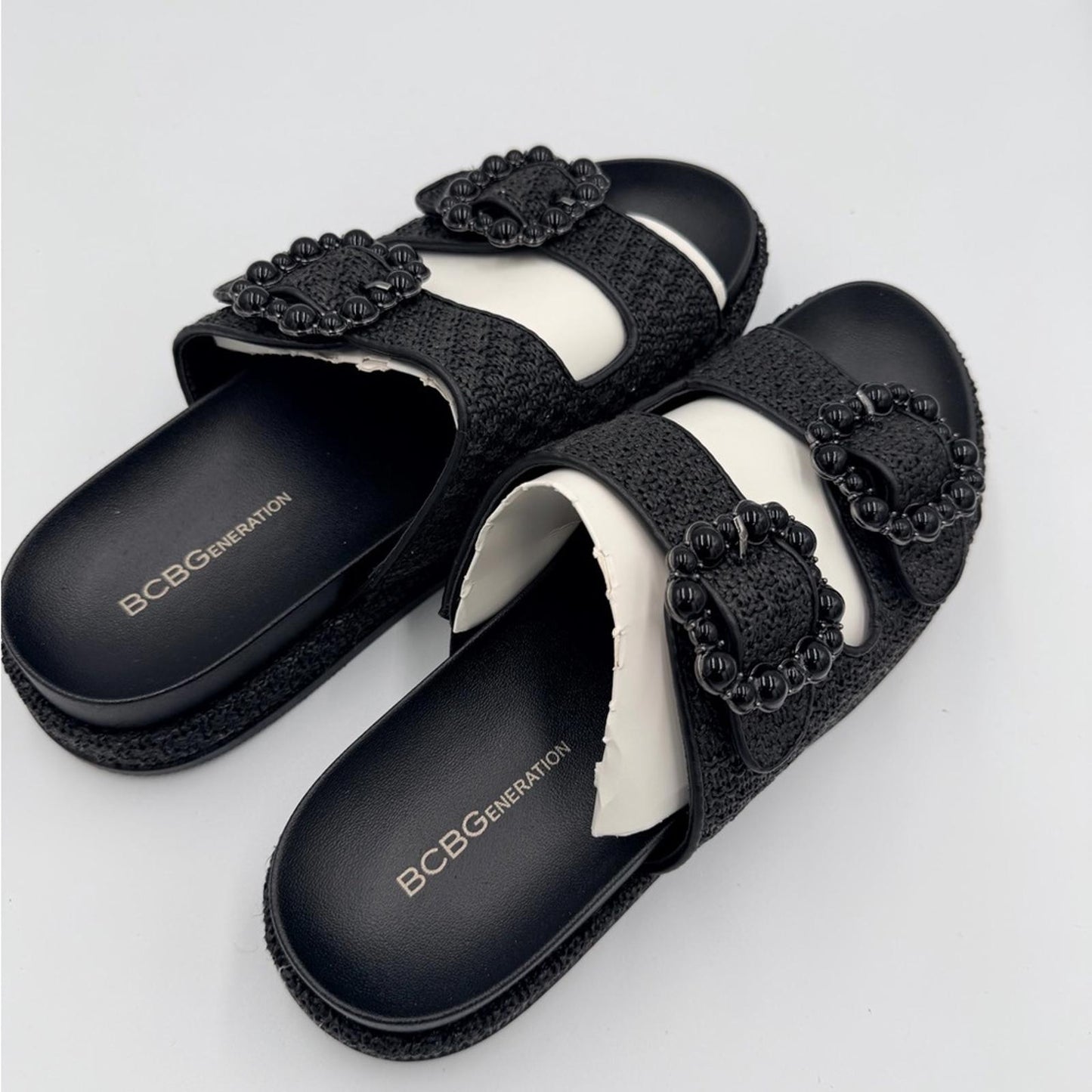 BCBGeneration Black and White Embellished Sandals