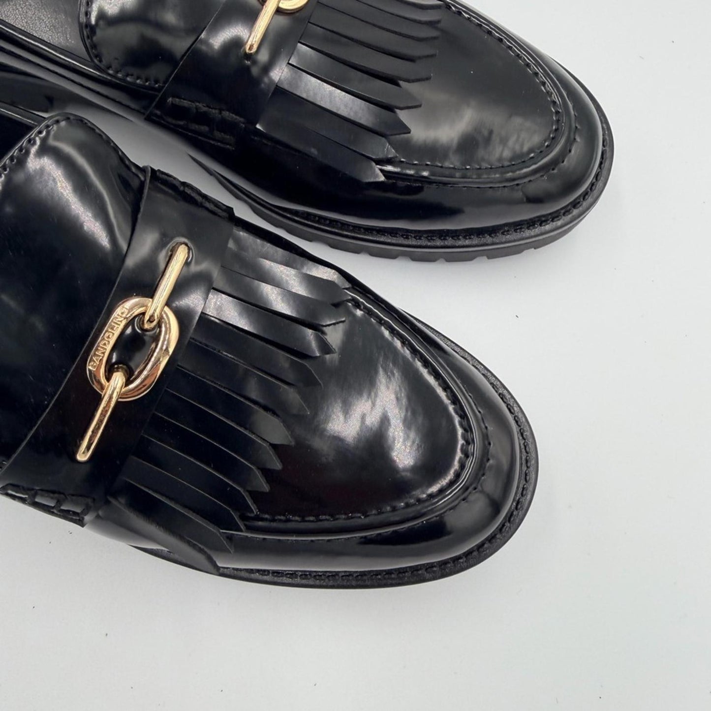 Bandolino Glossy Black Loafers with Gold Chain