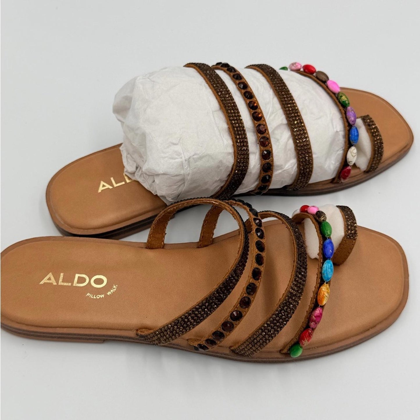ALDO Women's Tan Sandals with Multicolor Beads