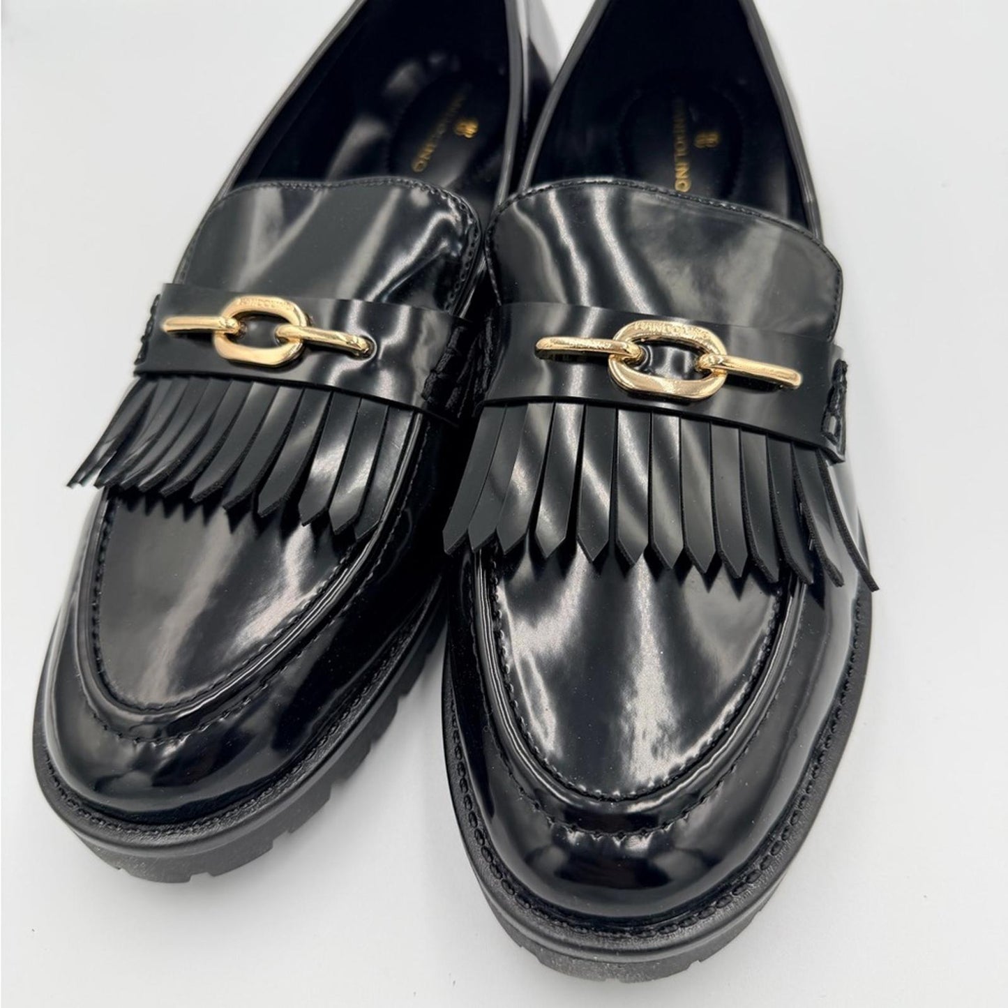 Bandolino Glossy Black Loafers with Gold Chain