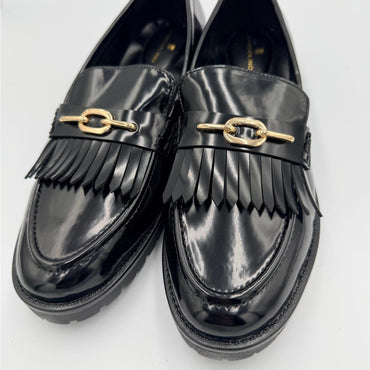 Bandolino Glossy Black Loafers with Gold Chain