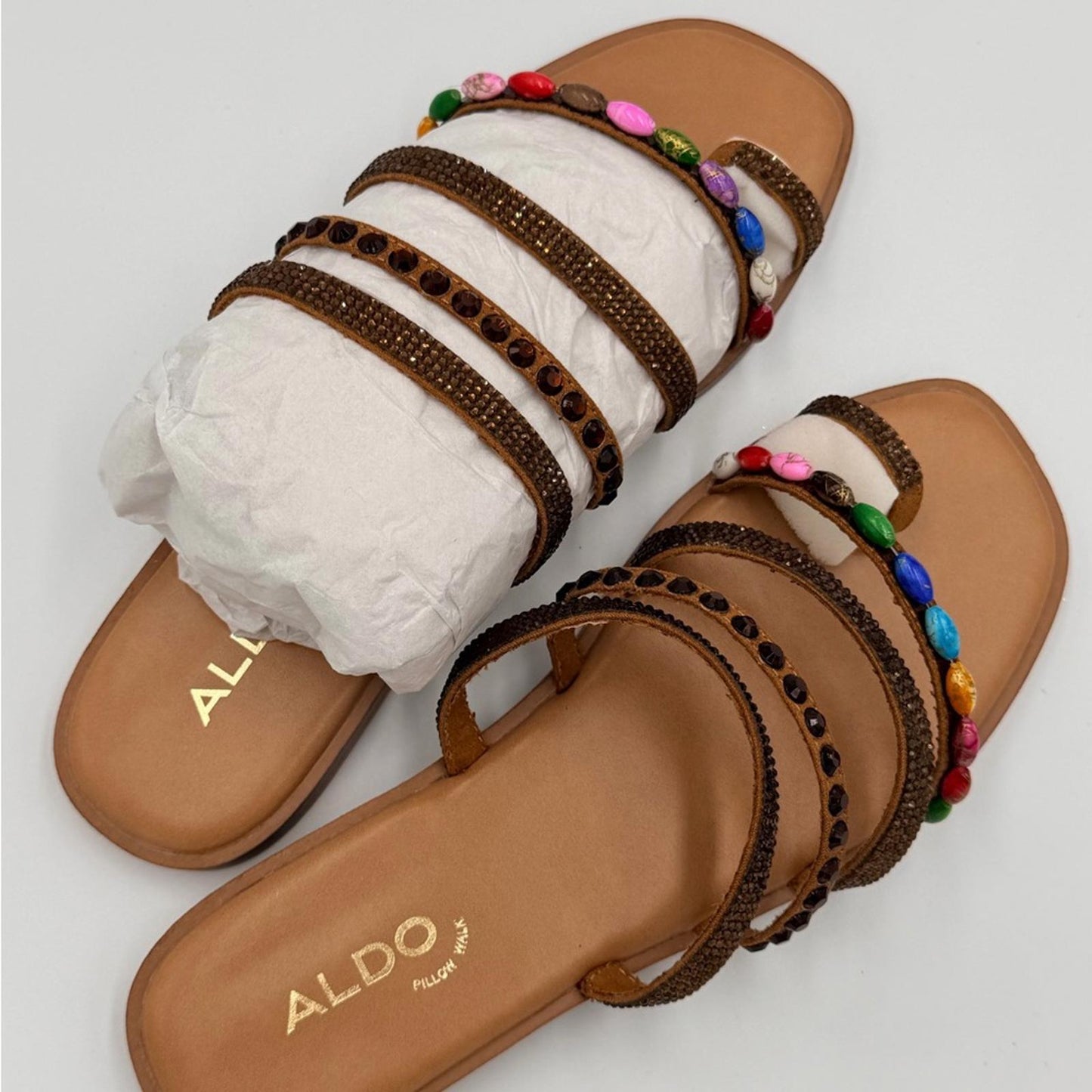 ALDO Women's Tan Sandals with Multicolor Beads
