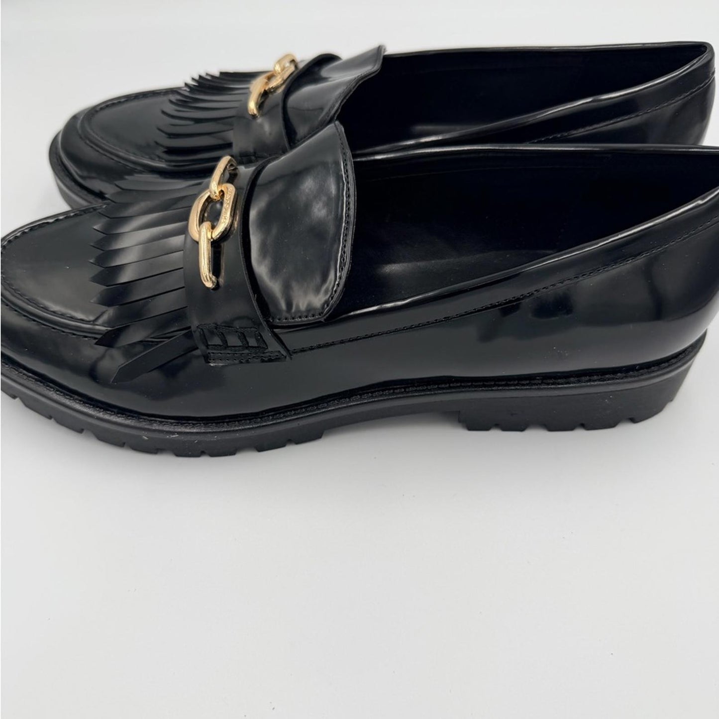 Bandolino Glossy Black Loafers with Gold Chain